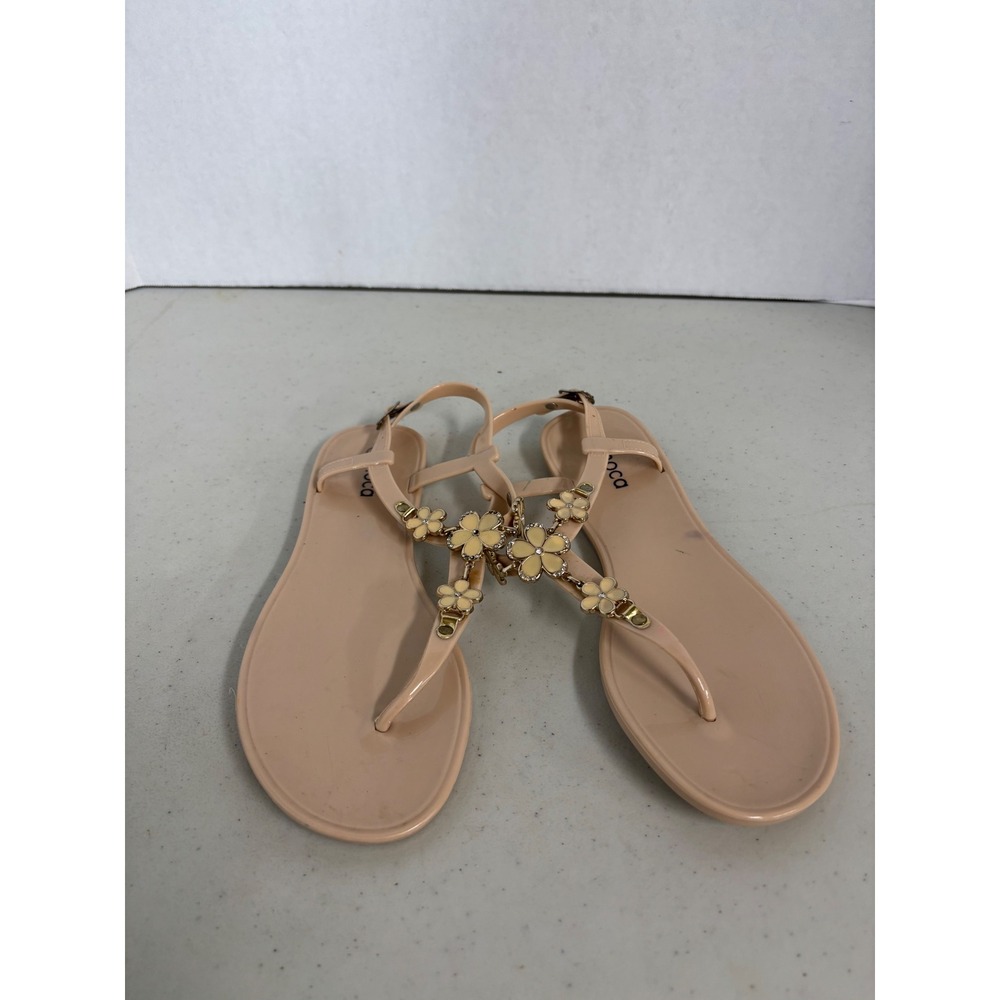 Moca Beige Jelly Sandals Floral Rhinestone Slingback Thong Flat Shoes Womens 8.5